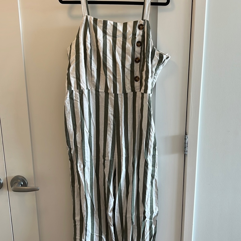 Olive/Gray and white striped jumpsuit